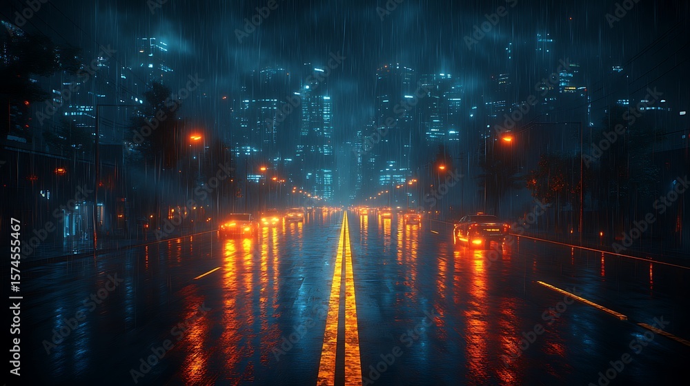 Obraz premium Neon-lit city street in a downpour at night.