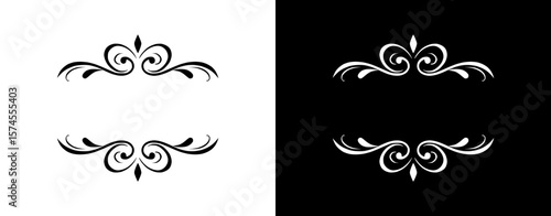 Symmetrical dividers for text, isolated vector image, design element for postcards and typography, two design variants - on transparent and black backgrounds