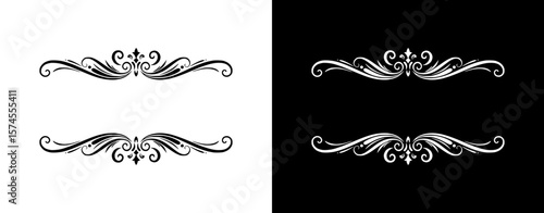 Decorative vintage borders, isolated vector image, design element for postcards and typography, two design variants - on transparent and black backgrounds