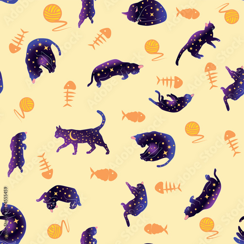 Mystical seamless pattern of cats in boho style, silhouette collection. Esotericism and mysticism, occultism. Cartoon flat vector illustrations, isolated