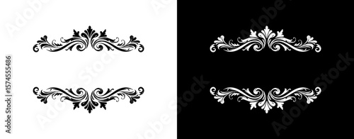 Decorative vintage border elements, isolated vector image, design element for postcards and typography, two design variants - on transparent and black backgrounds