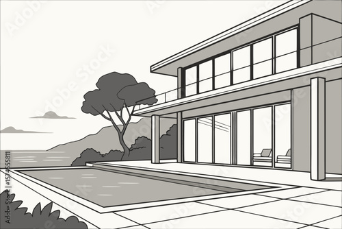 Illustration of a modern house with a swimming pool overlooking the ocean and a tree nearby landscape