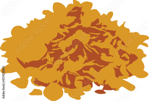 Pile of stylized corn flakes in shades of orange and brown against a white background cornflakes cereal