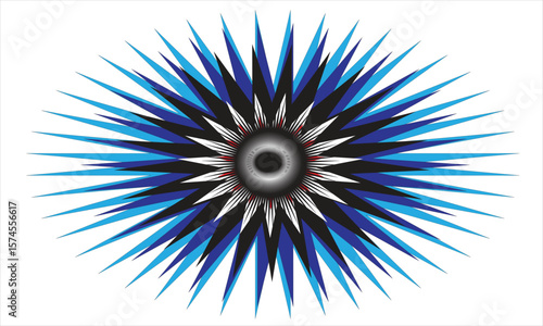 Radial Starburst Geometric Abstract 
This striking digital illustration features a symmetrical, radial starburst design composed of sharp, triangular elements radiating from a central circular core. 