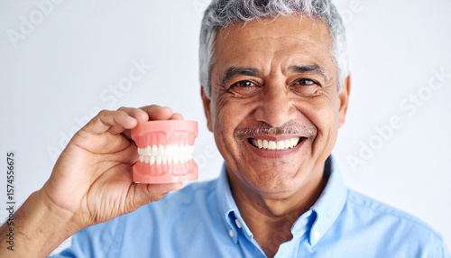 senior man smiling confidently, showing clean dentures