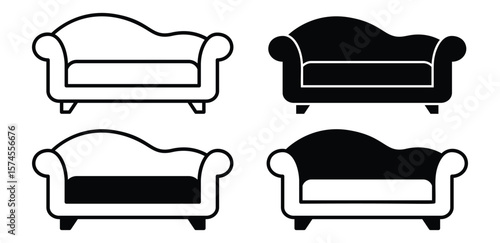 Chaise Lounge Icon Set Black and White Silhouettes of a Modern Sofa Vector Design