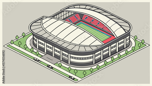 Isometric view of a football stadium with a retractable roof and surrounding landscape elements