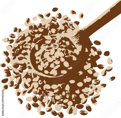 Coffee beans spilling from a wooden spoon brown and beige tones on white background graphic vector