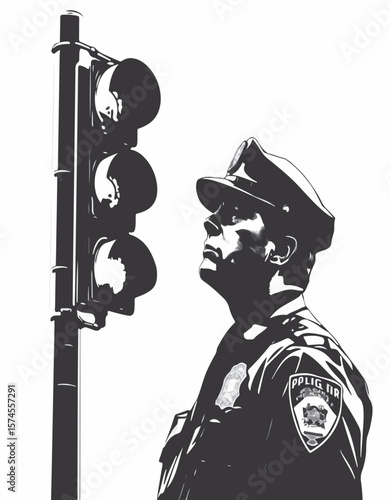 Stylized image of  traffic light and police  black and white vector