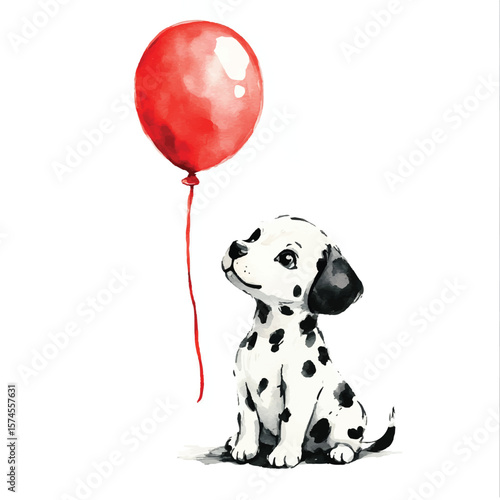 Watercolor Dalmatian Puppy Gazing at Red Balloon