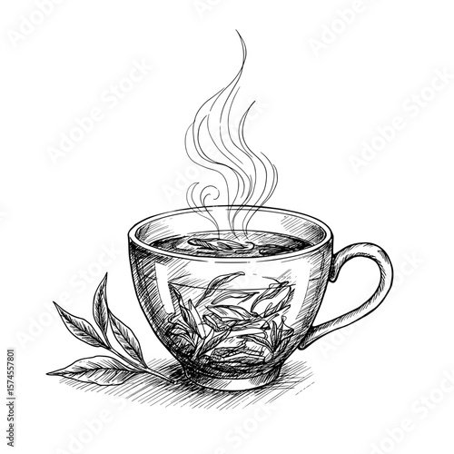 Cup of green tea with steam and leaves on a white background copy space