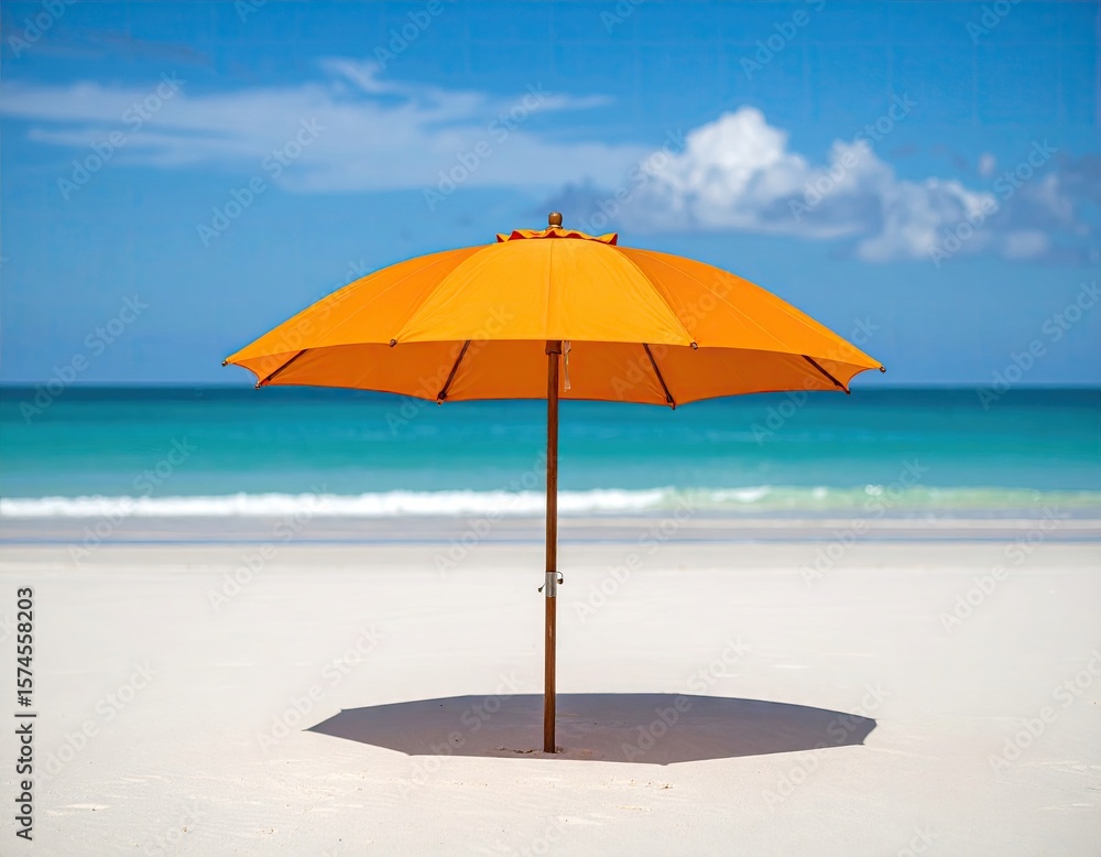Fototapeta premium Bright orange umbrella on white sand beach