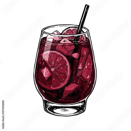 Sangria cocktail with fruit, ice, and a straw in a glass on a white background copy space