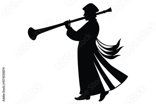 Silhouette of a herald musician playing a long trumpet