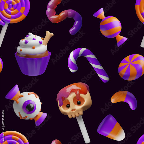 Seamless 3D pattern of cute Halloween candy in vibrant purple, orange, and white colors. Includes sweets like lollipops, cupcakes, jelly worms, candy canes, eyeball candies, and skull lollipops.