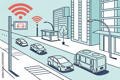 Autonomous vehicles on a city street with wifi signals and modern architecture in a line art style