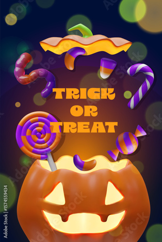 3D Halloween poster with jack-o-lantern, candies flying out of the pumpkin. Sweets, lollipops, candy canes, jelly worms, and candy corn. For party invitations, seasonal banners, greeting cards
