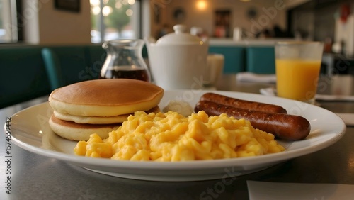 A breakfast plate with scrambled eggs, sausages, and pancakes, accompanied by orange juice and coffee in the background.