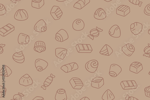 Seamless pattern of chocolate candies in doodle style. Different types of chocolate on beige background. Hand drawn vector illustration. Vector 