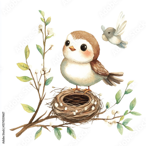 Watercolor depiction of a charming bird perched on a nest with a flying companion