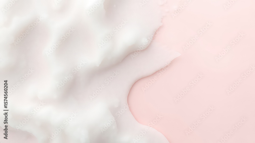 Fototapeta premium Delicate white foam spills across a pastel pink backdrop, creating a soft and visually appealing abstract texture.