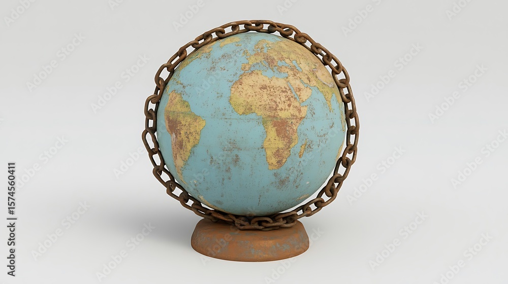 Obraz premium Antique world globe encircled by rusty chains.