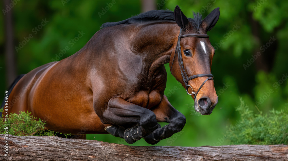 Obraz premium Powerful brown horse gracefully jumps over wooden obstacle in lush green forest setting