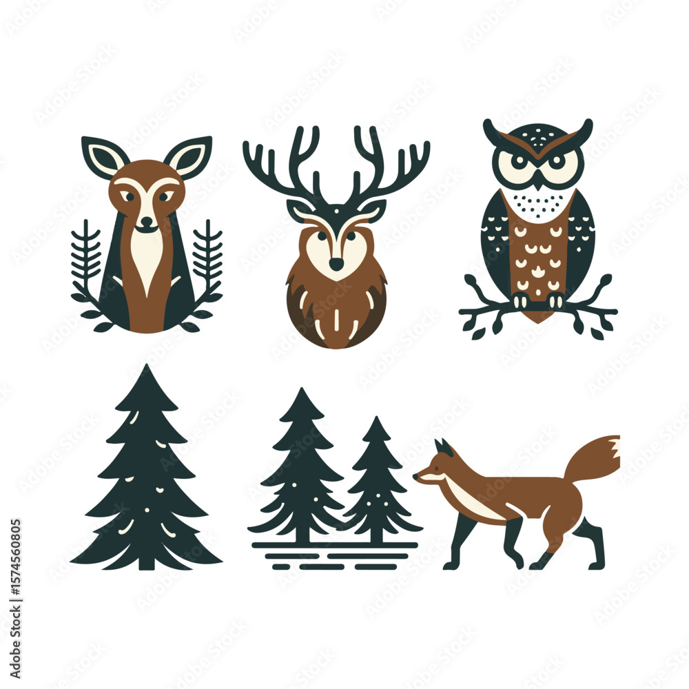 Fototapeta premium Illustrated woodland animals including a deer, stag, owl, and fox amidst evergreen trees in a serene forest