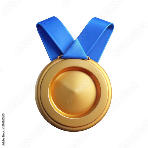 Golden achievement medal with blue ribbon isolated on black background