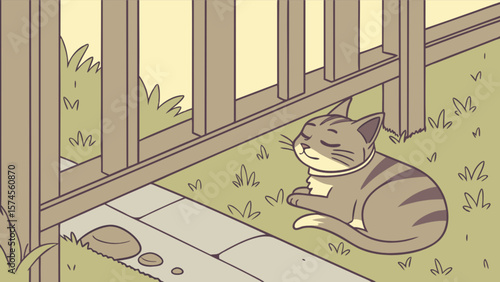 Cute tabby cat sleeping in garden near fence vector illustration for pet and animal lovers design asset
