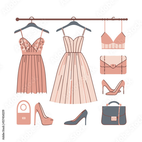 Collection of elegant women's fashion items including dresses, shoes, and accessories on display