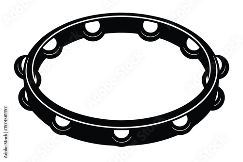Black silhouette of a tambourine with jingle bells on a white background
