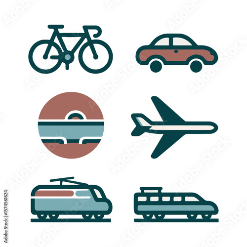 Various modes of transportation illustrated, including a bicycle, car, airplane, and tram, showcasing urban mobility