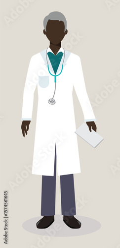 Faceless male doctor, standing confidently with a stethoscope around his neck and notepad or clipboard in hand. He wears a professional medical outfit, symbolizing experience, care, and authority