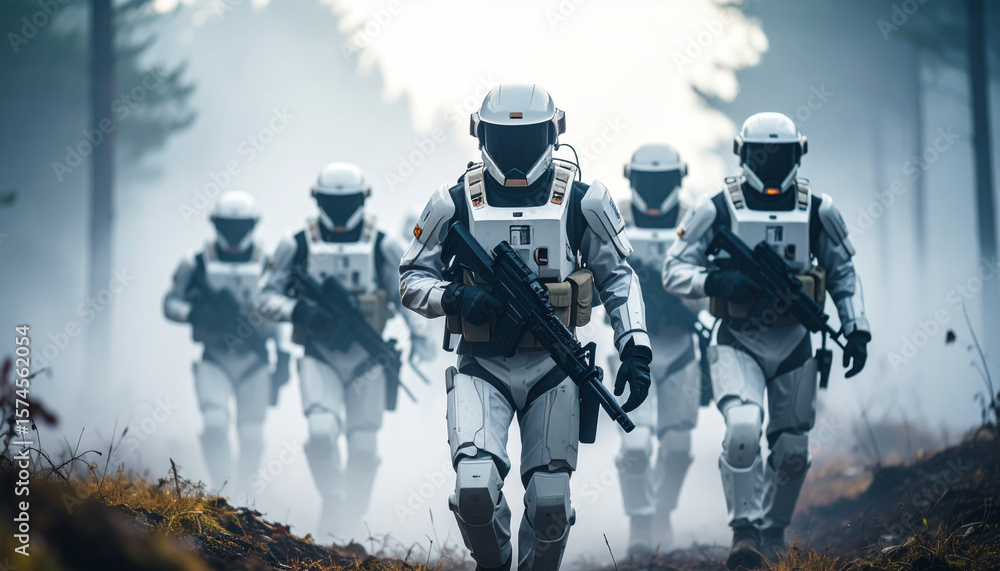 Fototapeta premium Sci fi soldiers marching through foggy battlefield dramatic light low angle