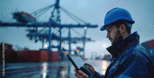 Marine engineer in safety gear using tablet for digital logistics and cargo tracking at night port.