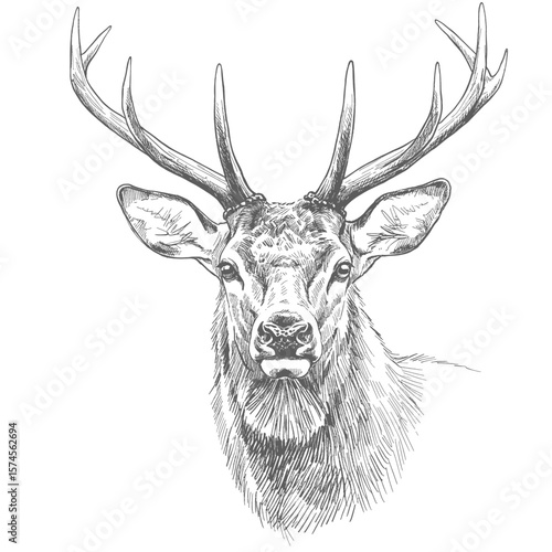  Elk – Cervus canadensis. A hand-sketched deer figure with large antlers standing on a grassy field. The illustration captures texture and shading on a white background, representing forest wildlife