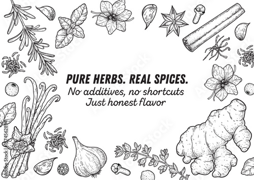 High-quality vector illustration of herbs and spices in vintage engraving style. Intricate black and white hand-drawn elements, ideal for premium packaging, branding, and culinary projects.