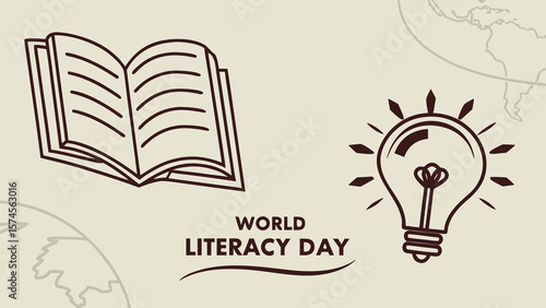 World Literacy Day:  Open book and lightbulb illustration;  simple line art style;  educational, insightful, and globally-minded design for awareness campaign.