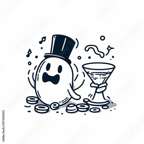 Cartoon Ghost in Top Hat with Martini Glass and Music Notes