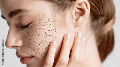 Close-up of a woman touching her cheek with cracked dry skin texture overlay, highlighting skincare concerns. Concept of dehydration, sensitive skin and beauty treatment
