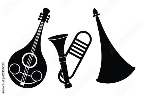 Silhouettes of a lute trombone and horn on a white background