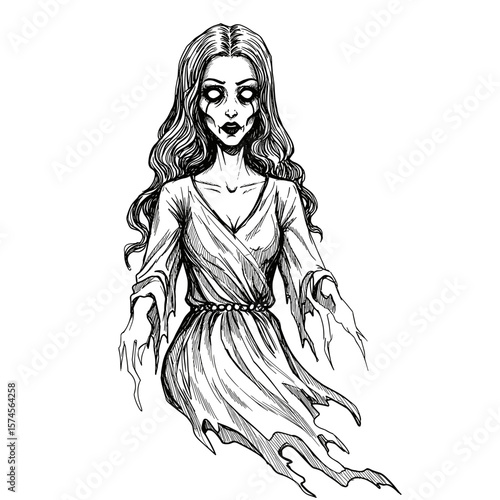 Haunting ghostly woman illustration in black and white with eerie details and copy space