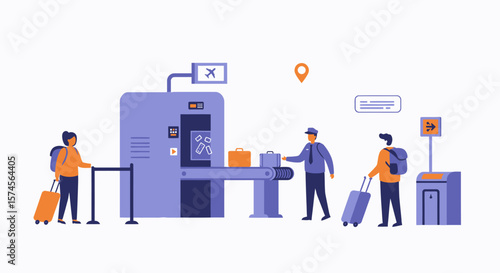 Airport Security Checkpoint with Passengers and Luggage Scanning Machine.