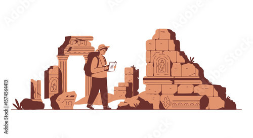 Archeologist with clipboard and backpack exploring ancient ruins with carvings.