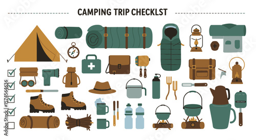 Camping Trip Checklist Essential Gear and Equipment Illustration.