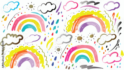 Illustration featuring colorful rainbows clouds suns and raindrops on a white background design element
