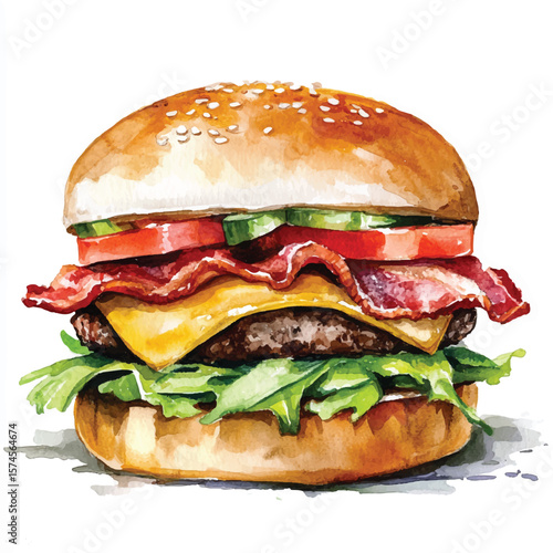 Watercolor depiction of a delicious burger with sesame seeds and bacon