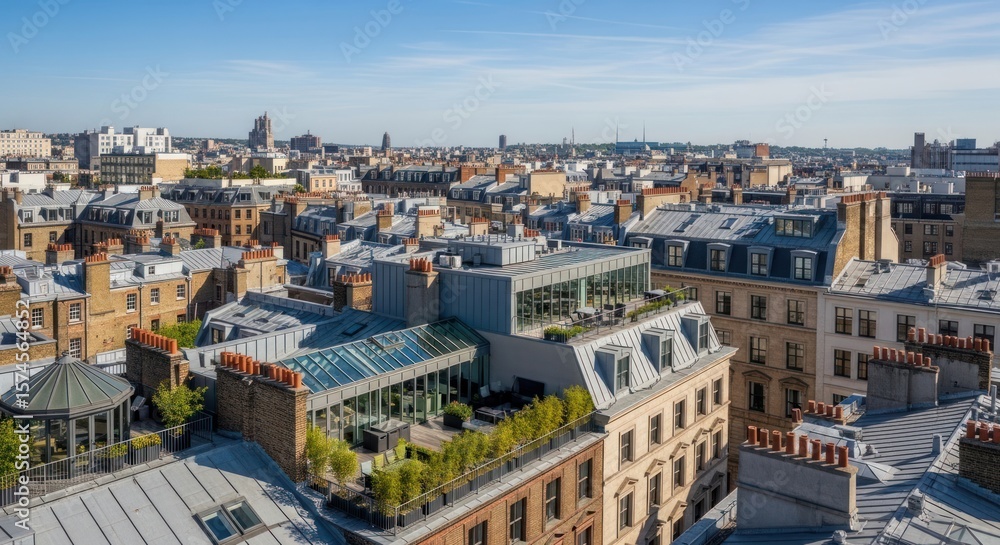 Aerial view of Parisian rooftops, showcasing architectural details under a clear blue sky. Aerial view of Parisian rooftops, showcasing architectural details under a clear blue sky.