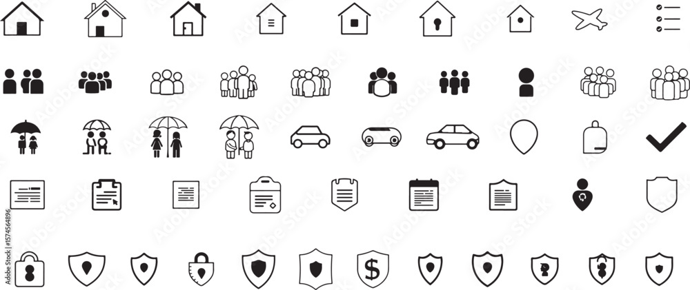 Black and White Insurance Icon Set House Family Car Document Shield Symbols icons Black and White Insurance Icon Set House Family Car Document Shield Symbols icons